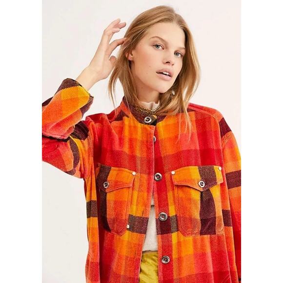 Free People Size XS Ashima Chenille Plaid Duster Maxi Jacket Orange Fall Boho - Picture 4 of 13